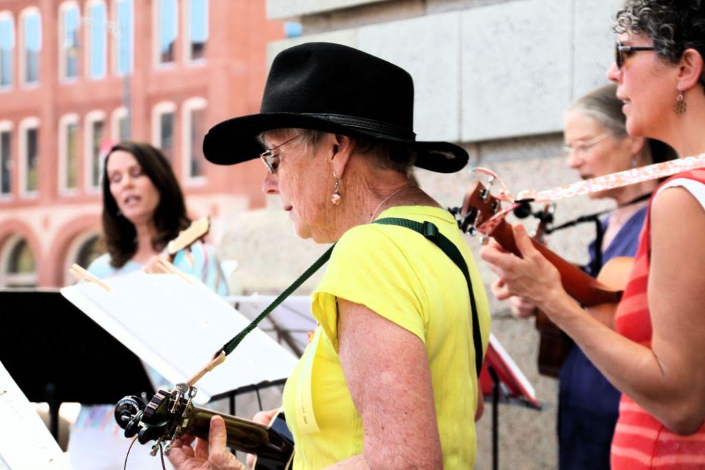Bobbie Benson (foreground) with members of Ukulele Social Club