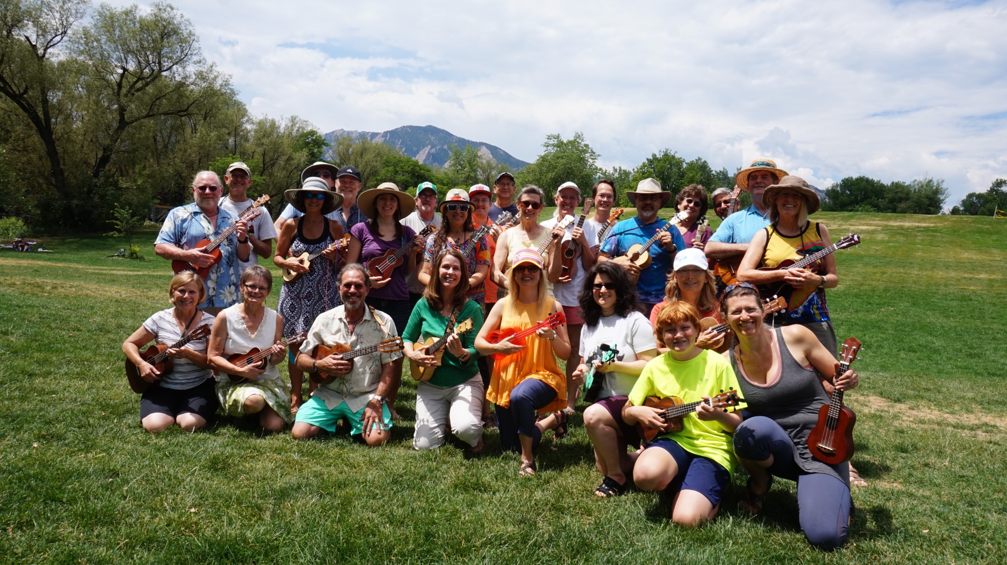 Boulder Ukulele Group musicians gathered with ukuleles
